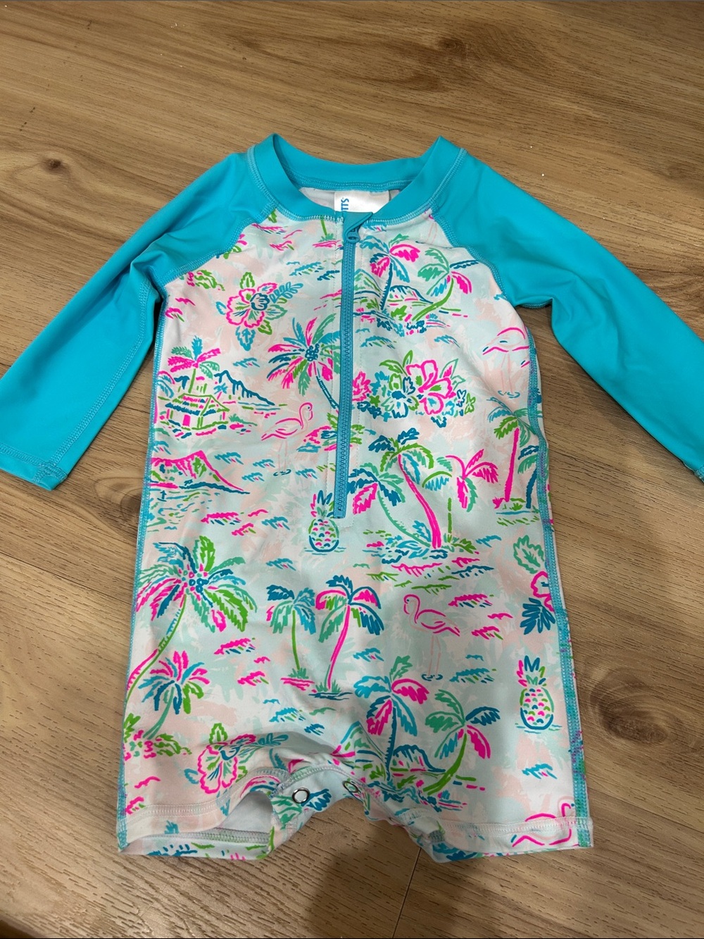 Girls' Long-Sleeve Tropical Zip Rashguard Swimsuit - Aqua